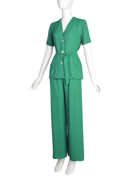 Holly's Harp Vintage 1970s Green Crepe Jacket Top & Wide Leg Pant Ensemble