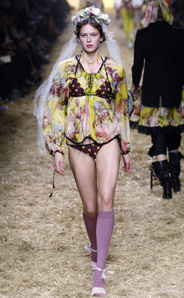 Jean Paul Gaultier Vintage SS 2006 Yellow Red Floral Silk Bishop Sleeve Top