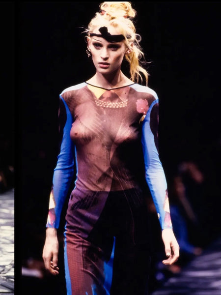 Jean Paul Gaultier Vintage SS 1997 Incredible Trompe L'oeil Tuxedo Suit Print Sheer Mesh Catsuit