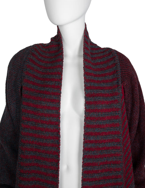 Issey Miyake Vintage AW 1979 Grey Burgundy and Red Knit Sweater Cocoon Coat