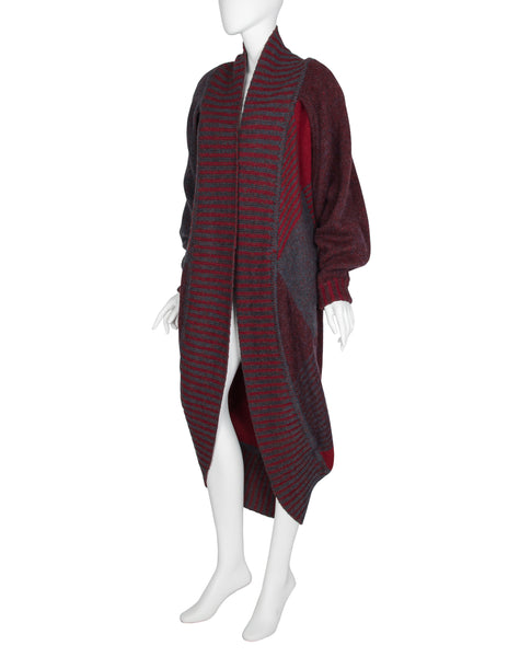 Issey Miyake Vintage AW 1979 Grey Burgundy and Red Knit Sweater Cocoon Coat