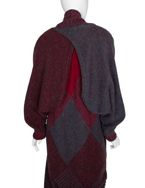 Issey Miyake Vintage AW 1979 Grey Burgundy and Red Knit Sweater Cocoon Coat