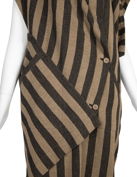Issey Miyake AW 1984 Beige and Grey Striped Draping Conceptual Dress