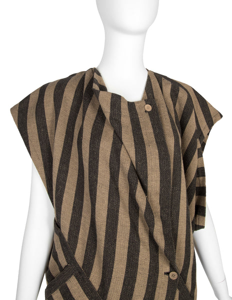 Issey Miyake AW 1984 Beige and Grey Striped Draping Conceptual Dress