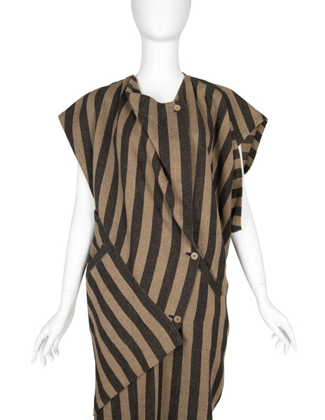 Issey Miyake AW 1984 Beige and Grey Striped Draping Conceptual Dress
