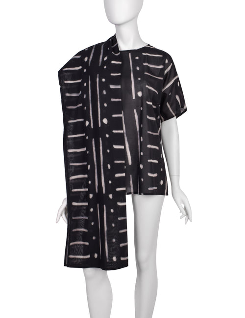 Issey Miyake Vintage SS 1990 Black Cotton Mudcloth Print Scarf Top