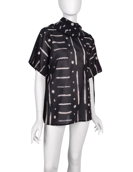 Issey Miyake Vintage SS 1990 Black Cotton Mudcloth Print Scarf Top
