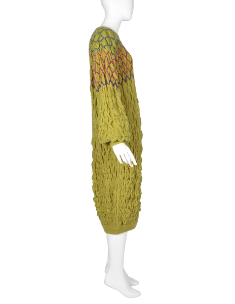 Issey Miyake Vintage Late 1970s Chartreuse Diamond Smocked Ruched Wool Knit Sweater Dress