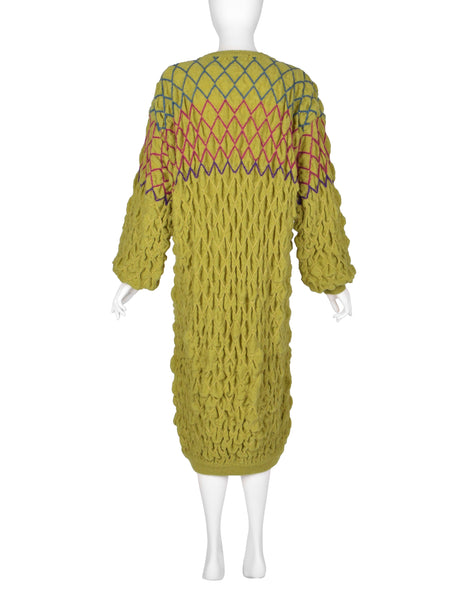 Issey Miyake Vintage Late 1970s Chartreuse Diamond Smocked Ruched Wool Knit Sweater Dress