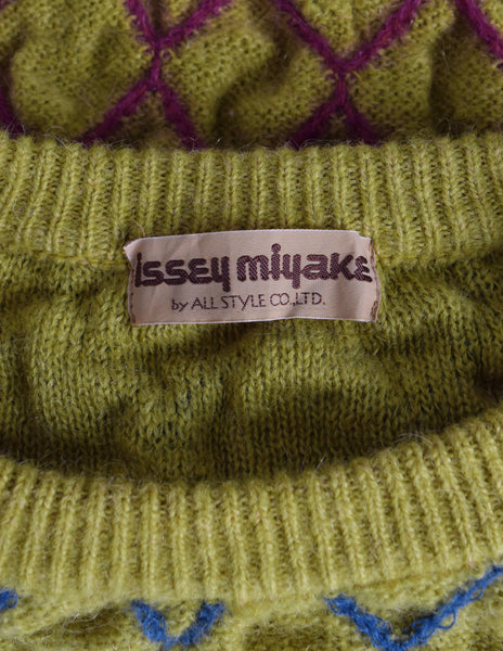 Issey Miyake Vintage Late 1970s Chartreuse Diamond Smocked Ruched Wool Knit Sweater Dress