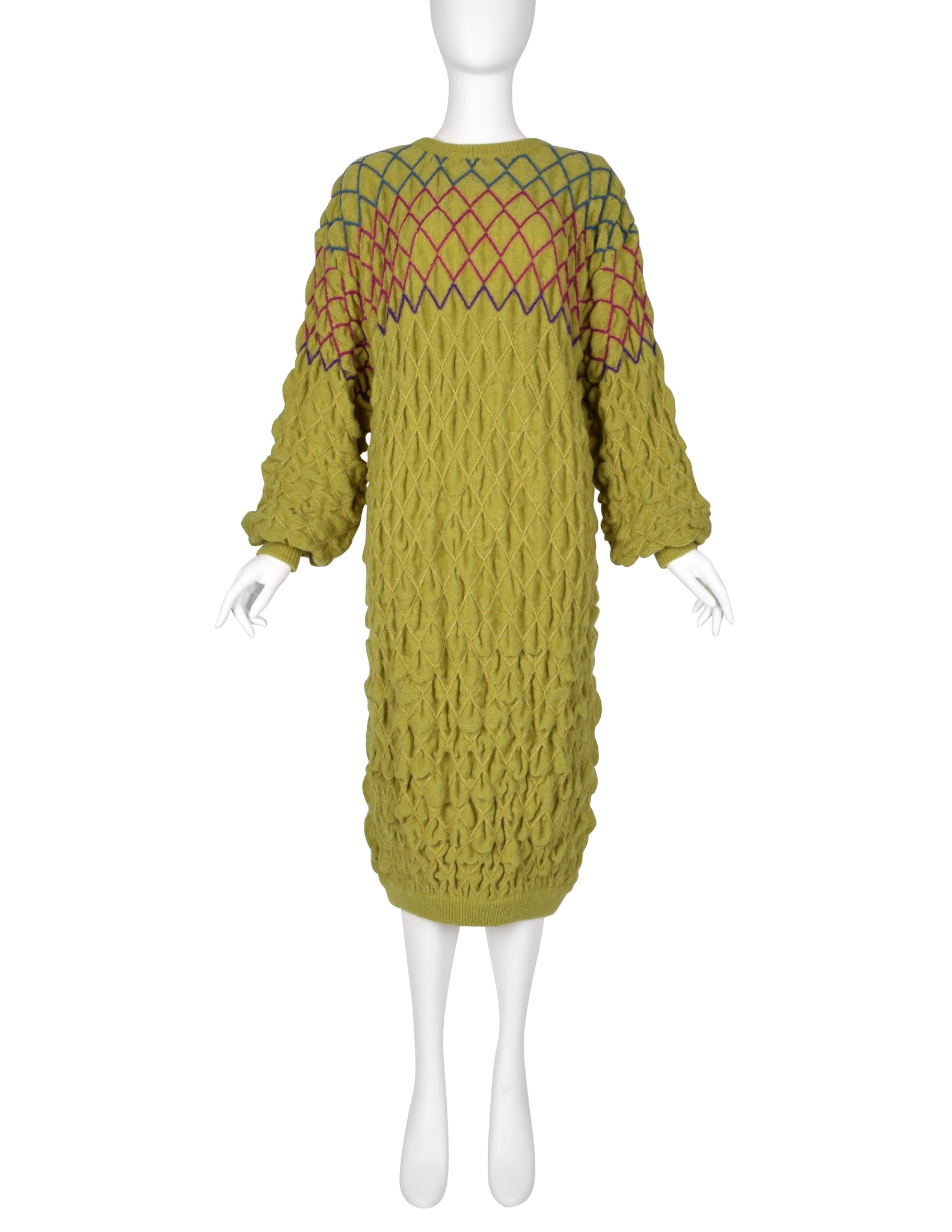 Issey Miyake Vintage Late 1970s Chartreuse Diamond Smocked Ruched Wool Knit Sweater Dress