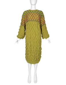 Issey Miyake Vintage Late 1970s Chartreuse Diamond Smocked Ruched Wool Knit Sweater Dress