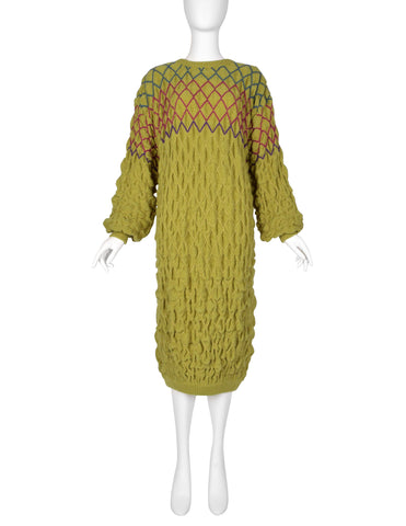 Issey Miyake Vintage Late 1970s Chartreuse Diamond Smocked Ruched Wool Knit Sweater Dress