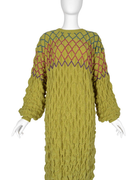 Issey Miyake Vintage Late 1970s Chartreuse Diamond Smocked Ruched Wool Knit Sweater Dress