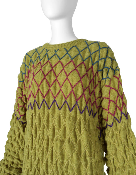 Issey Miyake Vintage Late 1970s Chartreuse Diamond Smocked Ruched Wool Knit Sweater Dress