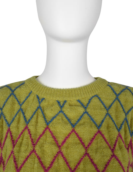 Issey Miyake Vintage Late 1970s Chartreuse Diamond Smocked Ruched Wool Knit Sweater Dress