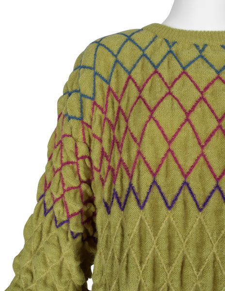 Issey Miyake Vintage Late 1970s Chartreuse Diamond Smocked Ruched Wool Knit Sweater Dress