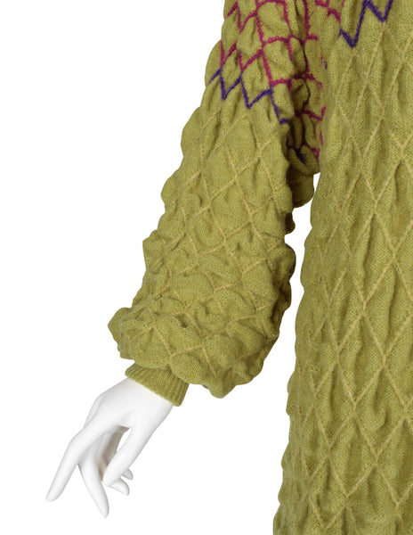 Issey Miyake Vintage Late 1970s Chartreuse Diamond Smocked Ruched Wool Knit Sweater Dress