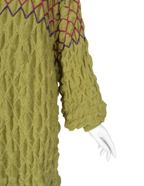 Issey Miyake Vintage Late 1970s Chartreuse Diamond Smocked Ruched Wool Knit Sweater Dress