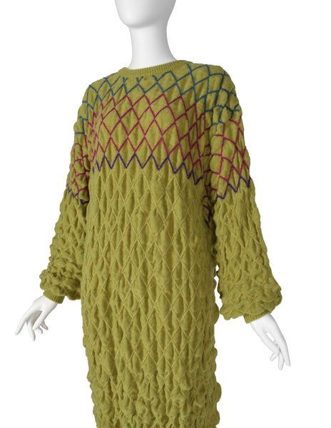 Issey Miyake Vintage Late 1970s Chartreuse Diamond Smocked Ruched Wool Knit Sweater Dress