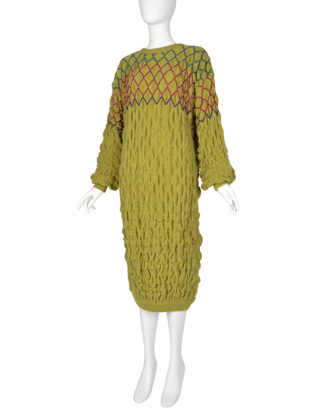 Issey Miyake Vintage Late 1970s Chartreuse Diamond Smocked Ruched Wool Knit Sweater Dress