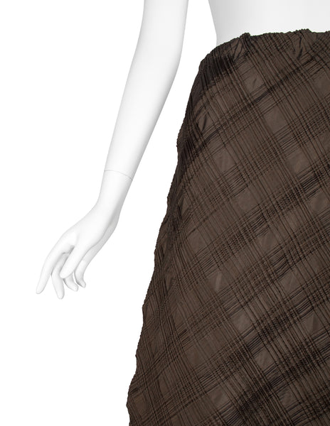 Issey Miyake Vintage Deep Olive Brown Iridescent Cross Pleated Off-Set Skirt