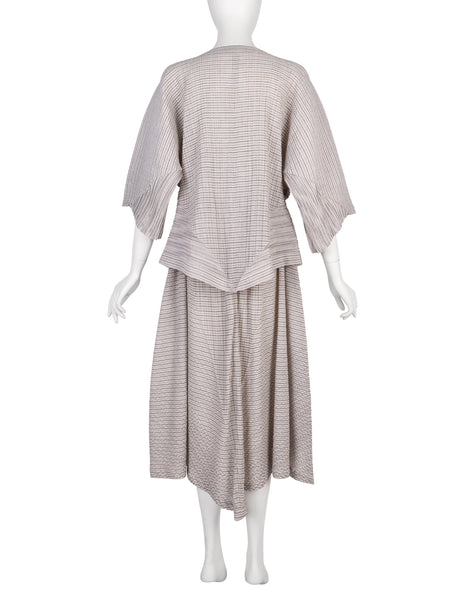 Issey Miyake Vintage SS 1988 Grey & Beige Striped Pleated Top and Skirt Ensemble Set