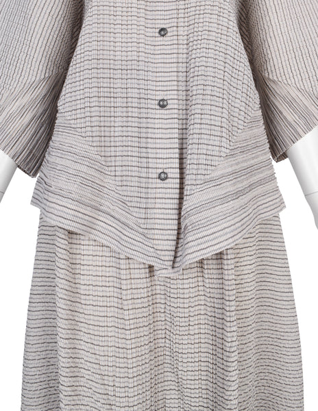 Issey Miyake Vintage SS 1988 Grey & Beige Striped Pleated Top and Skirt Ensemble Set