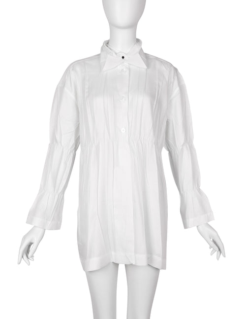 ISSEY MIYAKE WHITE LABEL 変形プリーツ　トップス Issey Miyake Vintage AW 1992 White Pleated Button Up Collared Top