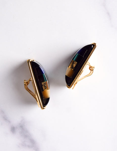 Vintage 1980s Italian Blue & Green Colorblock Resin Oversized Golden Earrings