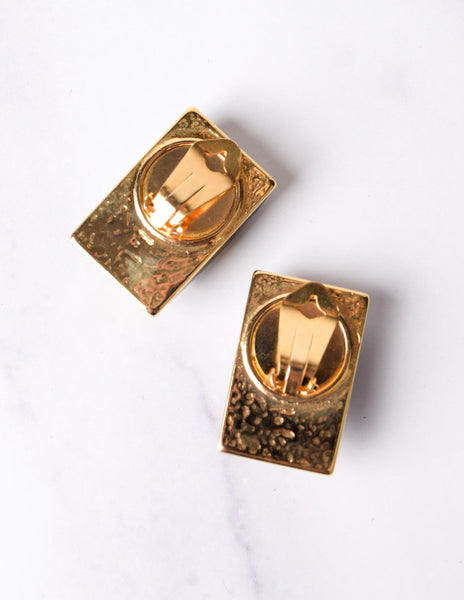 Vintage 1980s Italian Blue & Green Colorblock Resin Oversized Golden Earrings