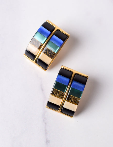 Vintage 1980s Italian Blue & Green Colorblock Resin Oversized Golden Earrings
