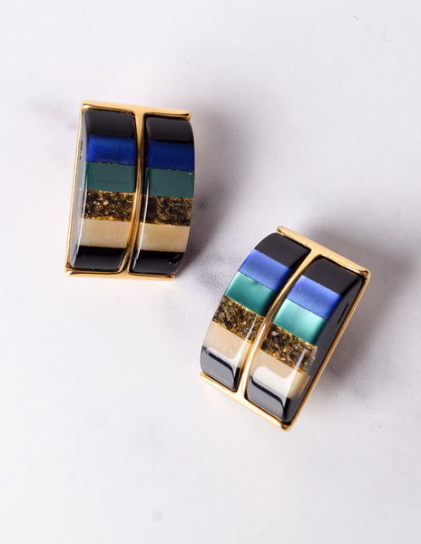 Vintage 1980s Italian Blue & Green Colorblock Resin Oversized Golden Earrings