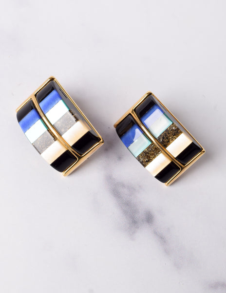 Vintage 1980s Italian Blue & Green Colorblock Resin Oversized Golden Earrings