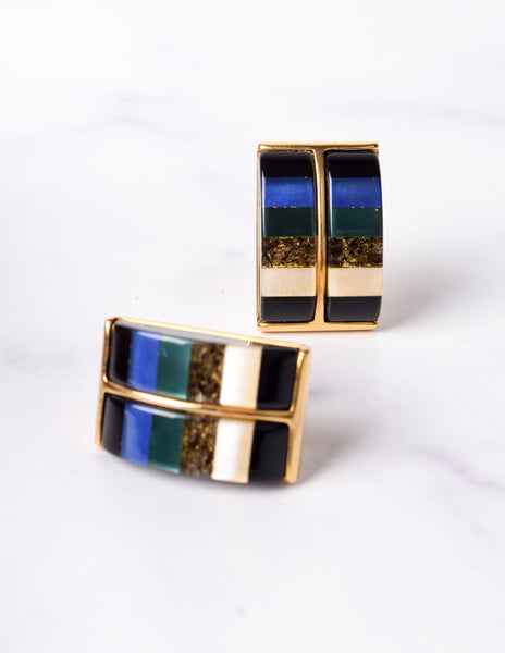Vintage 1980s Italian Blue & Green Colorblock Resin Oversized Golden Earrings