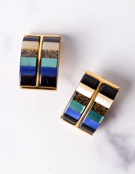 Vintage 1980s Italian Blue & Green Colorblock Resin Oversized Golden Earrings