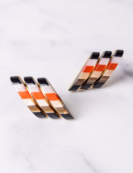 Vintage 1980s Italian Orange & Black Colorblock Resin Oversized Golden Earrings