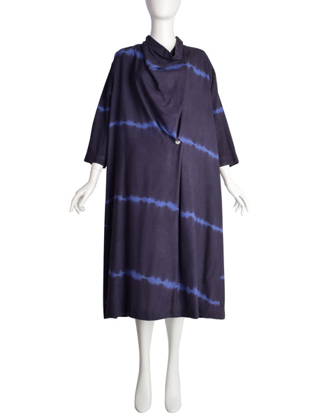 Issey Miyake Permanente Vintage 1980s Navy Blue Shibori Washed Silk Tent Dress