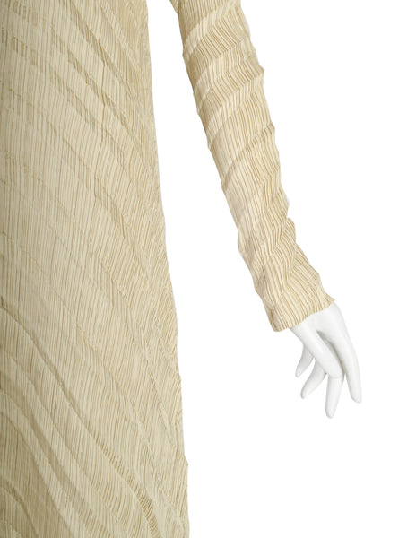 Issey Miyake Vintage SS 1995 Beige Sheen Structured Diagonal Pleated Asymmetrical Dress