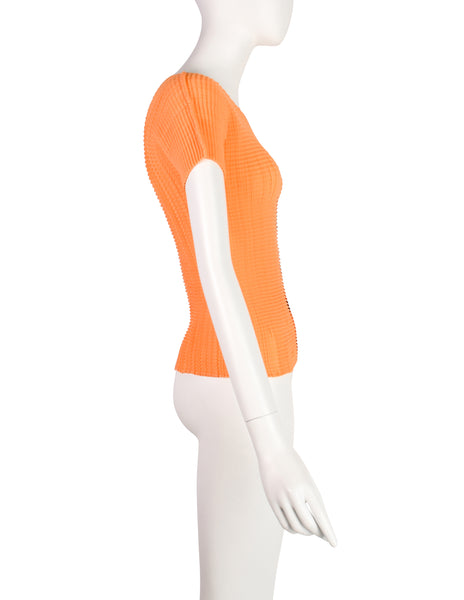 Issey Miyake Vintage Tangerine Geometric Stripe Pleated T-Shirt Top