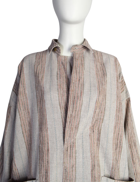 Issey Miyake Vintage 1980s Grey Pink Striped Cotton Tunic Smock Dress