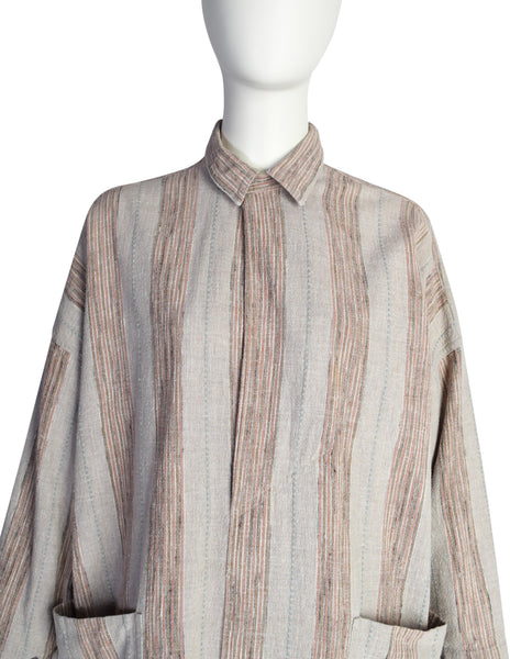 Issey Miyake Vintage 1980s Grey Pink Striped Cotton Tunic Smock Dress