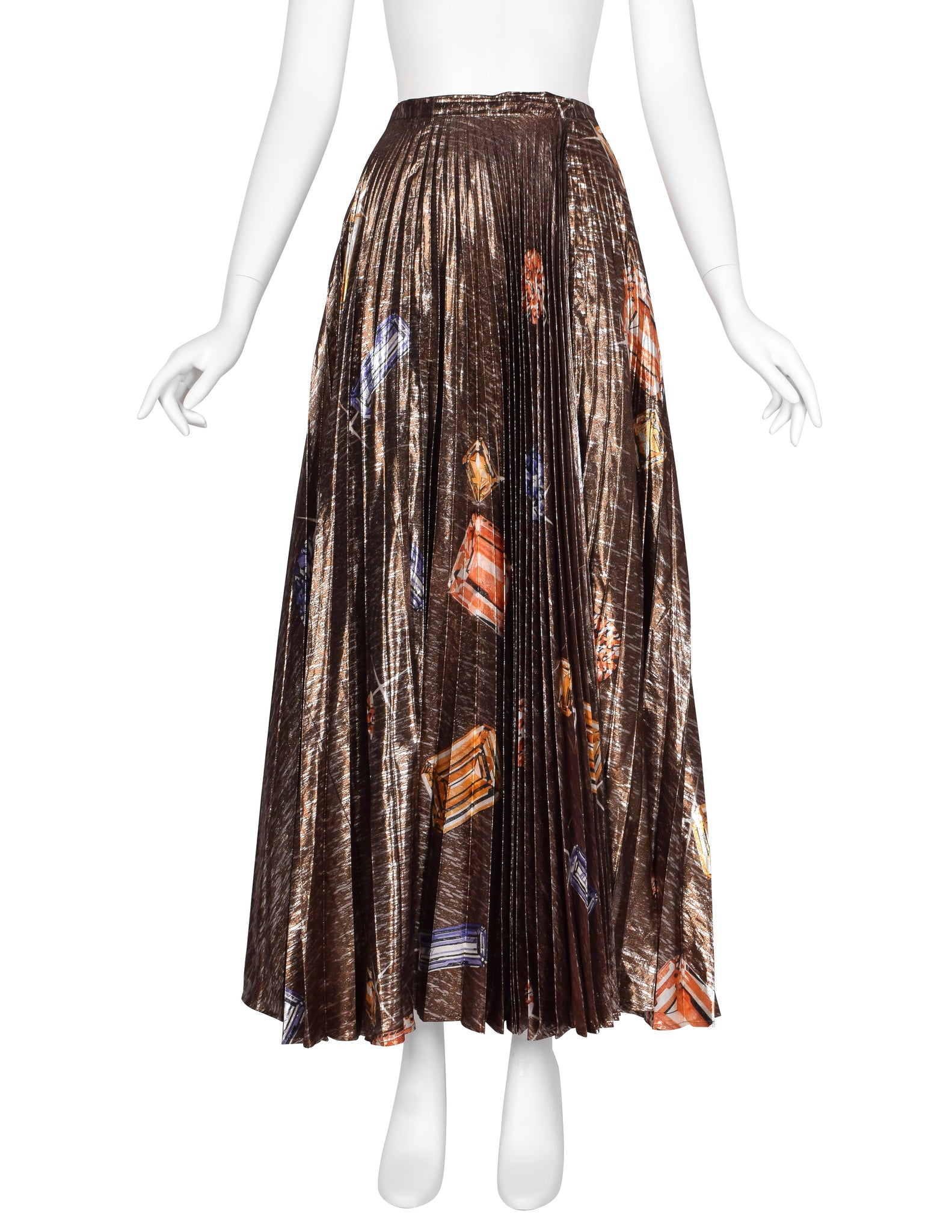 Jean Claude De Luca Vintage AW 1978 Gemstone Print Pleated Metallic Lame Wrap Skirt