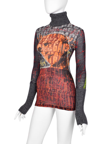 Jean Paul Gaultier Vintage AW 1997 'Fight Racism' Anti-Fascism Print Mesh Top
