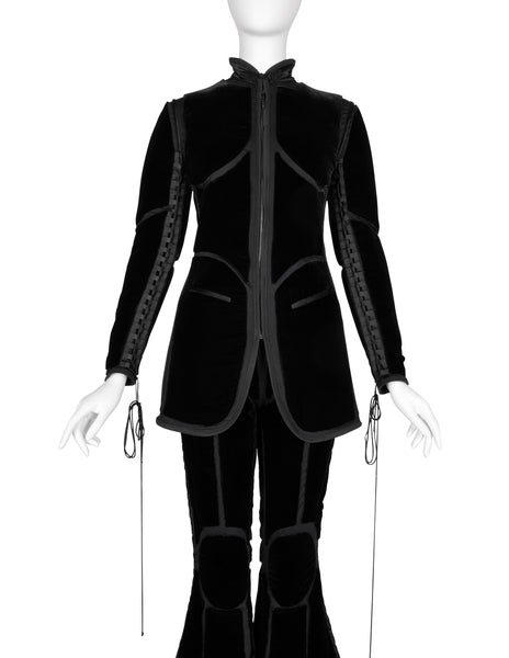 Jean Paul Gaultier Vintage AW 1996 Phenomenal Futuristic Black Velvet Jacket and Pant Ensemble