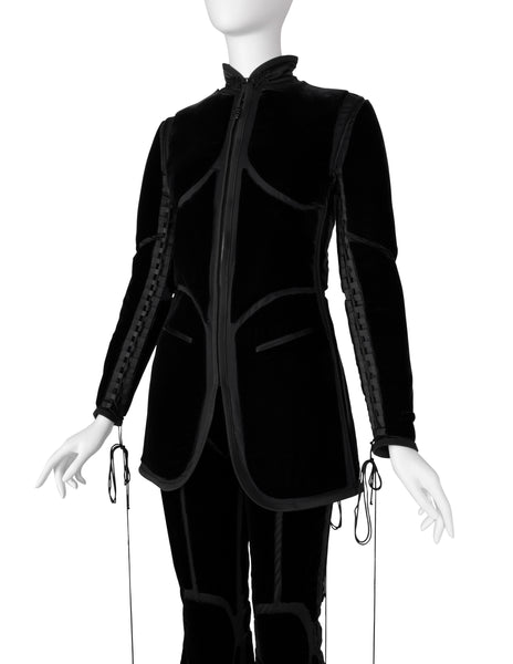 Jean Paul Gaultier Vintage AW 1996 Phenomenal Futuristic Black Velvet Jacket and Pant Ensemble