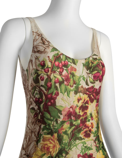 Jean Paul Gaultier Vintage SS 1999 Botanical Floral Print and Fishnet Swimsuit