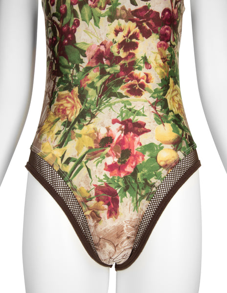 Jean Paul Gaultier Vintage SS 1999 Botanical Floral Print and Fishnet Swimsuit
