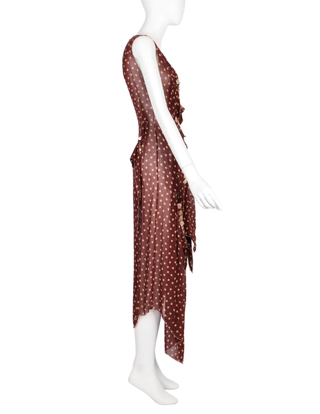 Jean Paul Gaultier Vintage SS 2004 Brown Polka Dot Chiffon Button Dress