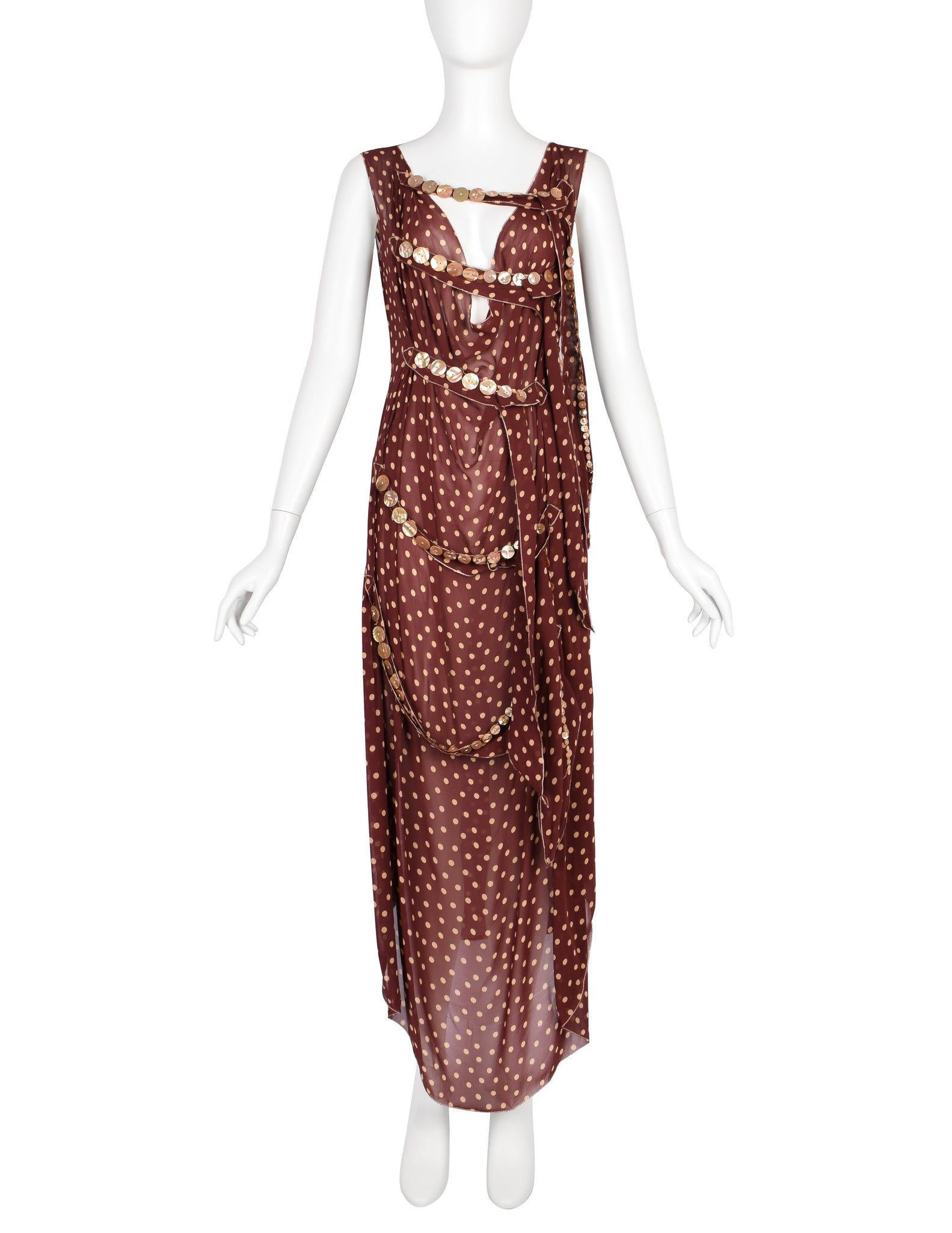Jean Paul Gaultier Vintage SS 2004 Brown Polka Dot Chiffon Button Dress